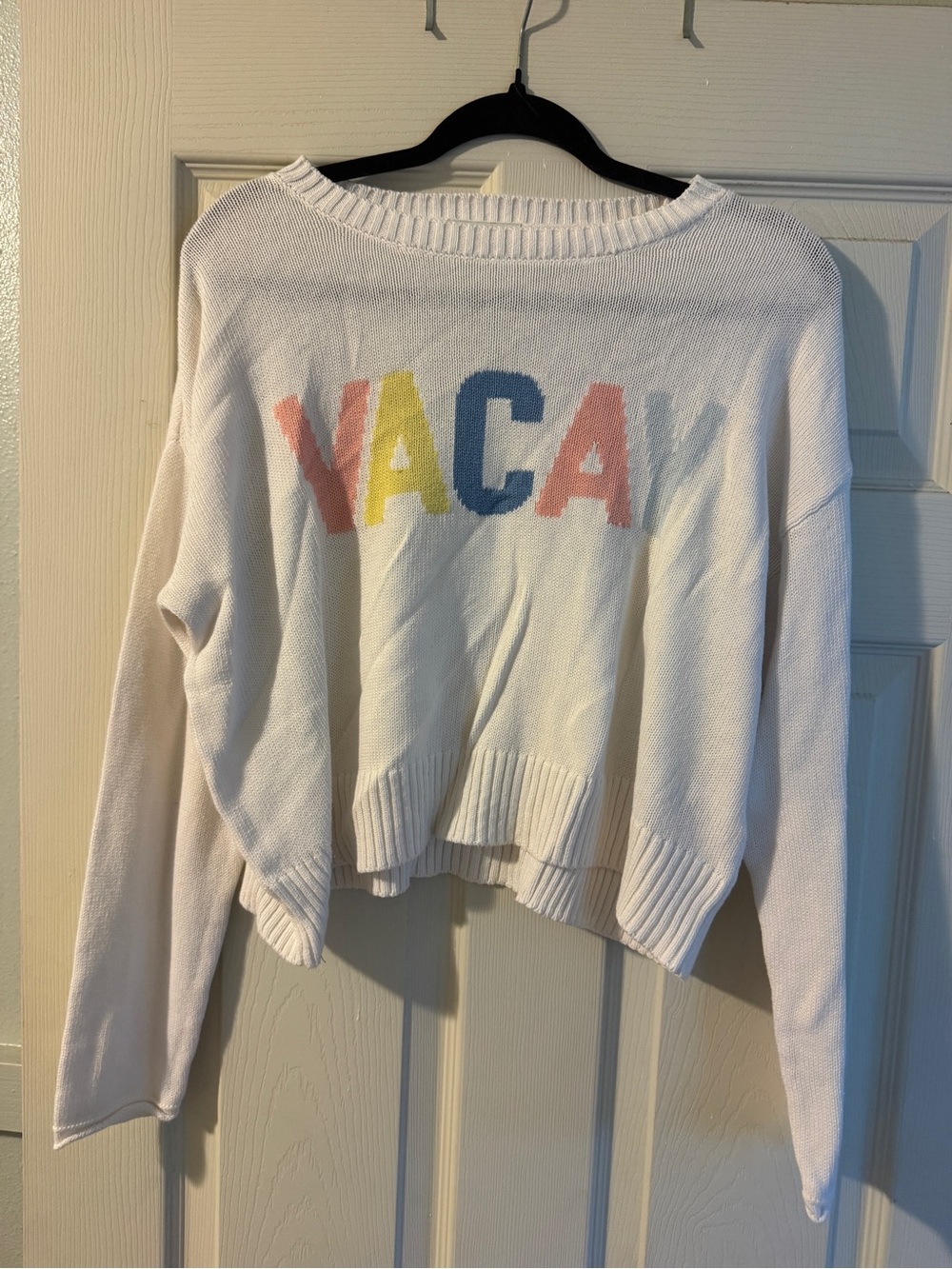 Z Supply White Cropped 'VACAY' Knit Sweater with Pastel Letters